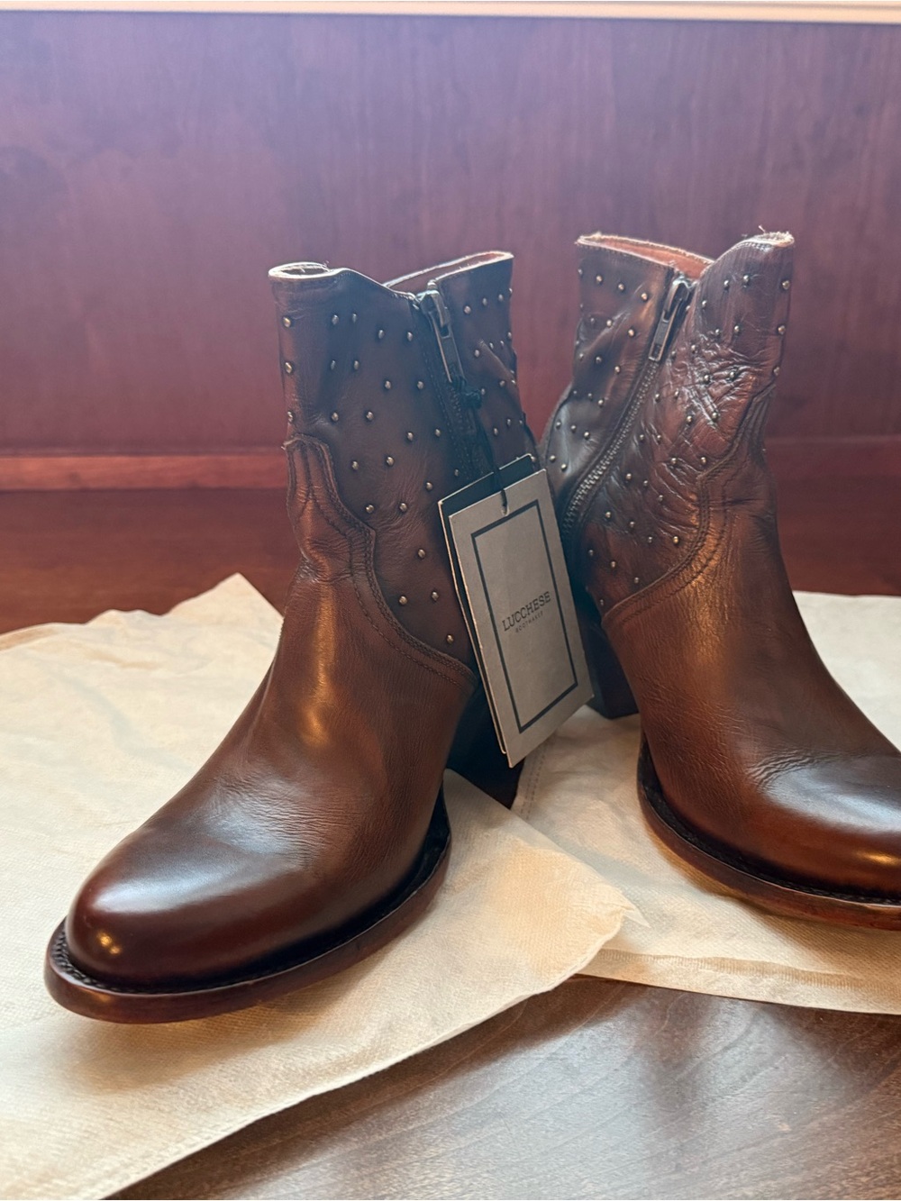 Lucchese Brown Leather Studded Western Ankle Boots